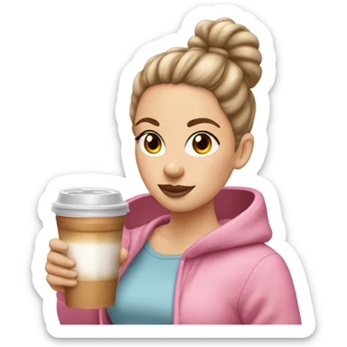 white girl with brown bun in a pink hoodie with iced coffee sticker