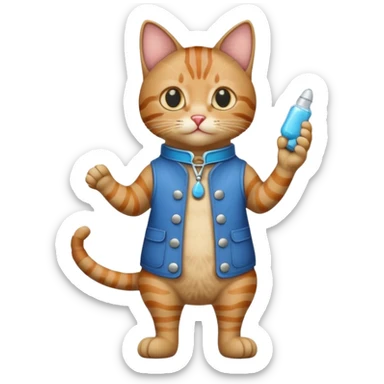 a cat in boots standing on its hind legs and holding a Viagra pill in its front paws sticker