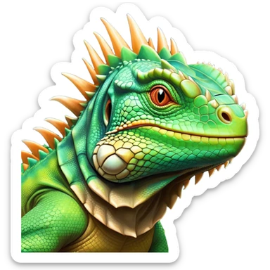 Cinematic Noble Iguana Portrait Emoji, Poised and majestic, with a robust, muscular build and a vibrant, scaly body accented by a prominent spiky crest and keen, observant eyes, Simplified yet sharp and sophisticated features, highly detailed, glowing with a soft, jungle radiance, high shine, intelligent and formidable, stylized with an air of ancient reptilian authority, focused and commanding, soft glowing outline, capturing the essence of a watchful guardian that appears ready to stride out of the screen with effortless might! sticker