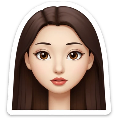 Una chica con piel muy clarita con pleo liso largo de color castaño y unos ojos marrones oscuro y labios grandes y nariz bonita y con unas pestañas que parezca asiatica sticker