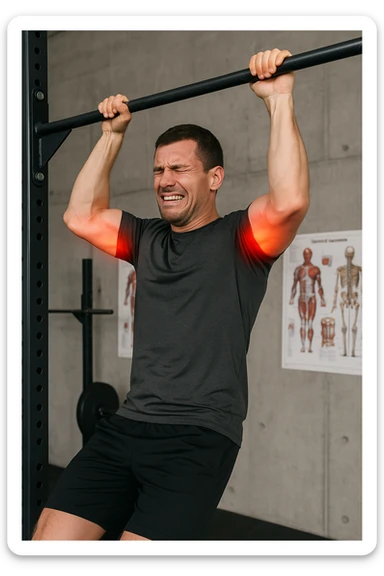 a man in athletic wear esegue una trazione alla sbarra in palestra. I suoi gomiti sono evidenziati con un alone rosso acceso o un effetto glow, indicando infiammazione. Un’espressione di dolore è visibile sul suo volto. Sullo sfondo, attrezzi da palestra e poster anatomici. L’atmosfera è educativa e realistica. sticker