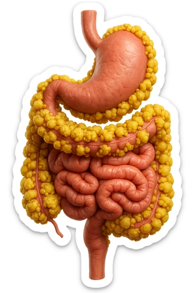 STOMACO E INTESTINO SONO VERTICALMENTE COLLEGATI E INTORNO A QUESTI ORGANI CI SONO CELLULE DI GRASSO GIALLE ATTACCATE SOPRA A GRAPPOLI, IPERREALISTICO 4K sticker