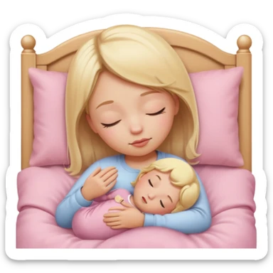 side view of a girl with blonde hair, eyes closed, tucked into a baby pink bed, simple and iconic look, apple emoji style sticker
