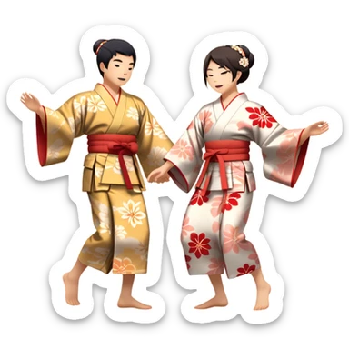 Cinematic Realistic scene of two performers engaging in Bon Odori, dressed in traditional yukata with intricate summer patterns, captured in graceful, rhythmic motion with warm, festive lighting sticker
