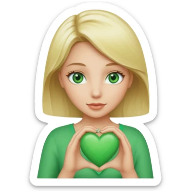 Create a blonde less angelic women with green eyes holding a green hearth sticker