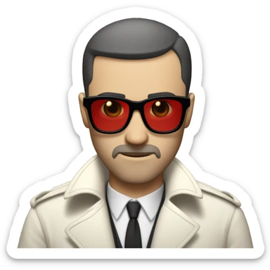 <excerpt>
A white man with real buzz cut Black hair, beard stubble donning small red tinted sun glasses in a dirty white trench coat, is serious.
</excerpt> sticker