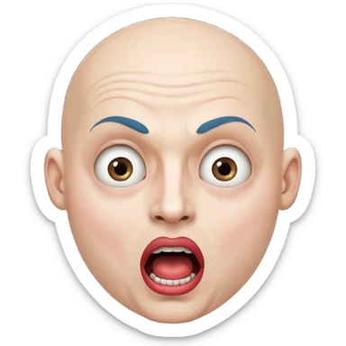 a bald cabaret actor with a white, dry, long, made-up face and heavily made-up eyes and mouth, a huge, wide-open mouth and a startled look sticker