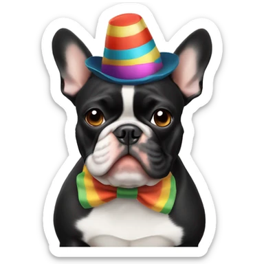 Black-and-tan French bulldog wearing a clown hat sticker