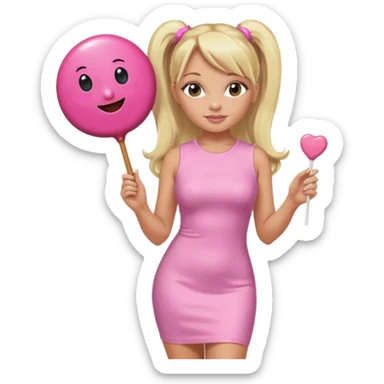 Emma Bunton with long blonde ponytails wearing light pink bodycon dress holding a lollipop sticker