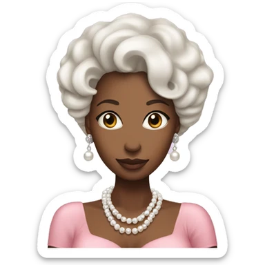 Black woman with white coily hair and silver eyes. Wearing a pearl necklaces and earrings with a pink dress adorned in pearls are sea shells sticker