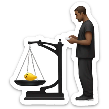 Man in black smock only weighing himself on scale sticker