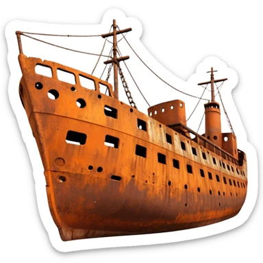 rusted ship wreck, heavily corroded metal hull, orange-brown rust textures, abandoned old ship, weathered surface, dramatic lighting, cinematic atmosphere, 3D cartoon style, mobile game environment art, clean composition, no people, no text, no watermark
 sticker