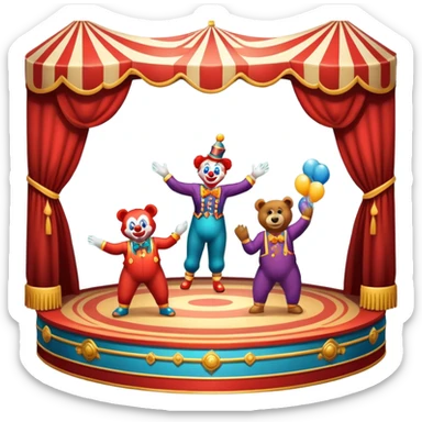 Professional icon for Circus Arts: a dynamic circus stage with acrobats in mid-performance, a clown and trained performing bears. The icon should convey the skill and excitement of the circus, with precise details on costumes, props, and the arena setting. Transparent background. sticker