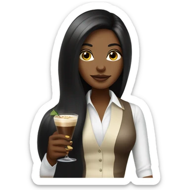 Girl with long black hair holding an espresso martini sticker