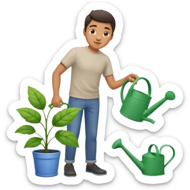 Realistic illustration of a man pouring water onto a green plant, standing outdoors in daylight, with a watering can in hand, gentle and caring expression, vibrant garden background, soft natural lighting, highly detailed, professional composition." sticker