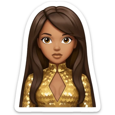 LeToya Luckett from Destiny's Child with dark brown long hair, gold outfit sticker