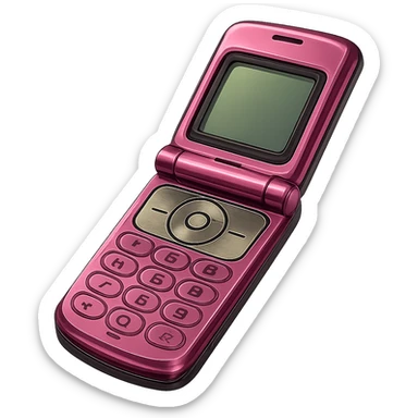 Make this vintage pink razor flip phone look more realistic in a photorealistic style, angled view, metallic pink, 2000s aesthetic, no background. sticker