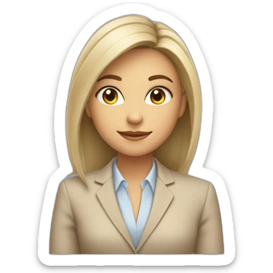 A girl with gray eyes and shoulder-length hair sits in a beige business suit at a laptop sticker