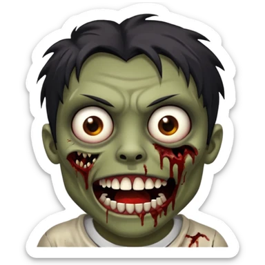 zombie with brown skin, messy black hair, wide centered brown eyes, dark bloody marks under the eyes, and a slightly open mouth showing crooked teeth grillz, giving a distressed, undead look. sticker