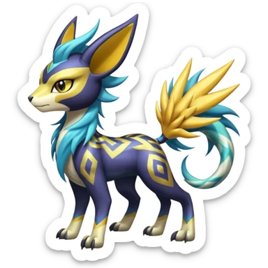 Shiny colorful exotic Feral Scaly Striking Slaying Badass Evil Handsome Lightning-patterned Zig-zagged buzzy fuzzy Meloetta-Renamon-Luxray-Cobalion-Suicune-Vernid-fusion-hybrid-creature, full body  sticker