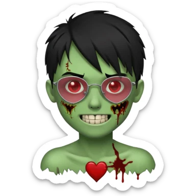 Zombie emo boy, green skin and black hair, chrome heart glasses and a scary cut open smile, scars and blood under eyes sticker