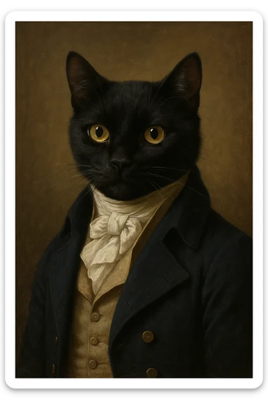 black cat dressed as a gentleman from Pride and Prejudice, with a cravat and tailcoat sticker