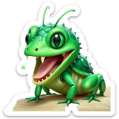 Cinematic Cute Yawning Green Bugdie Portrait Emoji, Head tilted slightly with a dramatic, wide-open yawn, showcasing a smooth, vibrant emerald exoskeleton with delicate patterns and tiny drooping antennae, round multifaceted eyes barely open in drowsy contentment, Simplified yet irresistibly adorable features, highly detailed, glowing with a soft, cozy glow, high shine, relaxed yet expressive, stylized with a touch of whimsy, bright and endearing, soft glowing outline, capturing the essence of a sleepy yet endearing insect, so drowsy it feels like it could stretch out of the screen and curl up for a nap! sticker