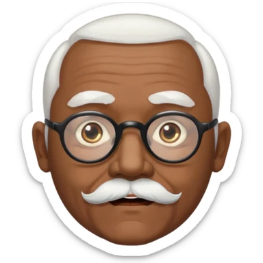 an elderly man with medium-dark skin tone, bald on top with short white hair at the sides, thick white eyebrows, large brown eyes, and wears black-framed glasses.
A small white beard sits above his mouth sticker