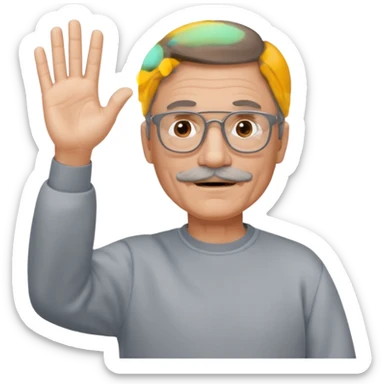 60 yr man partial brown hair parted in center, gray mustache, light glasses, sweatshirt waving hello sticker