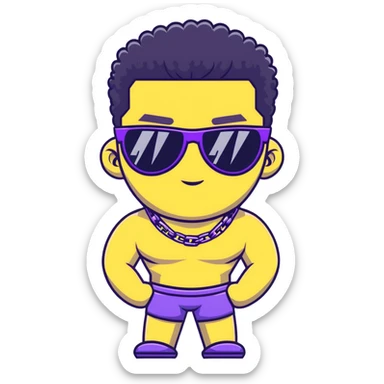 shirtless male athlete with white skin and moderately curly black hair on top with shaved sides, wearing purple sunglasses with black tinted lenses and a plain black chain necklace without pendant sticker