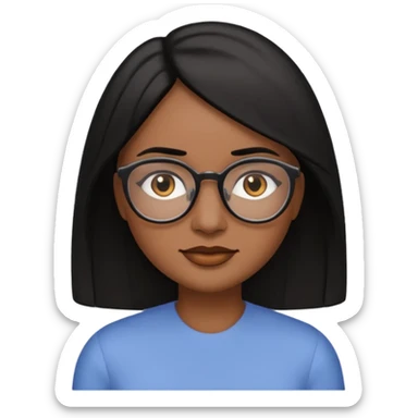 A woman emoji with medium-dark skin, straight shoulder-length black hair parted to the side, an oval-shaped face, arched dark eyebrows, large brown eyes with glasses, a small nose, and natural-toned lips. sticker