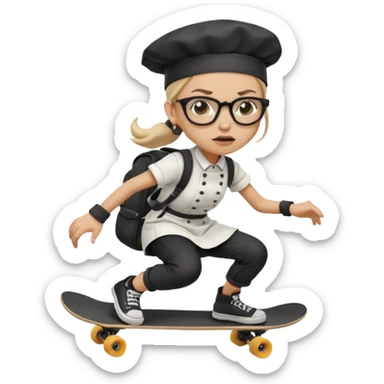 ["An angry woman with light skin, ponytail, wearing a chef hat and square glasses, dressed in goth fashion, is skateboarding while holding a backpack."] sticker