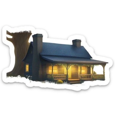  very very big Cabin near a big tree.  Thick moss growing on the roofs. grass fields. porch lights turned off. bright white interior lights turned off. guests sitting in chairs on the porch, flowers and bushes are yellow and blue. sticker
