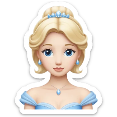 Cinematic Elegant Cinderella Portrait Emoji, rendered in a flat, vector-style with minimal shading and bold, simplified shapes. Depict Cinderella in her classic ball gown (chest and above) with fair, porcelain skin and elegantly styled blonde hair, her eyes soft and kind, and her expression serene and graceful. The design glows with a gentle, enchanting radiance and high shine, capturing the timeless beauty of a fairy tale princess. sticker