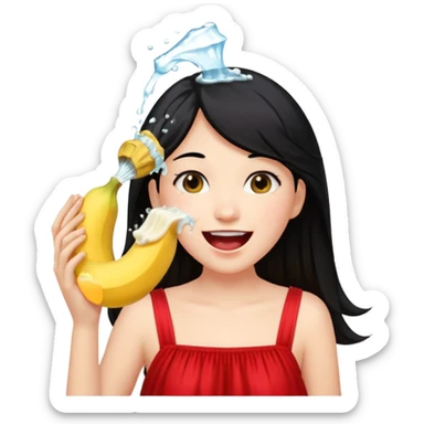 a girl with black hair and red dress rinsing mouth with pale yellow water coming out from a banana above her head sticker