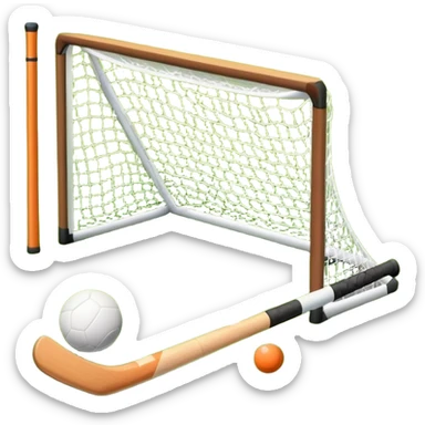 field hockey stick and ball on green grass field with goalposts sticker