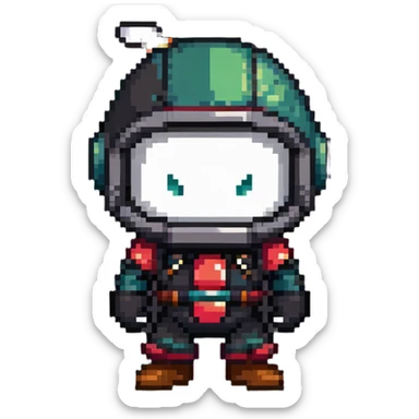 Black bomberman character, ninja-like design, sleek helmet with sharp antenna, mysterious appearance, cool pixel art style sticker