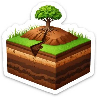 A 3D cartoon cross-section of soil layers with green grass on top, visible brown earth textures, clean white background, smooth and detailed Memoji-style. sticker