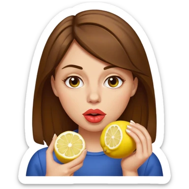 brownhaired woman eating lemon sticker