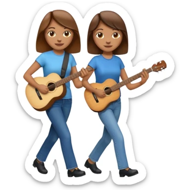 based on emoji style, two people walking together. one is brown-haired woman, wearing business casual, holding a guitar. Another one is a non-binary person, wearing t shirt and jeans, and the second person doesn't have anything on their hands. sticker