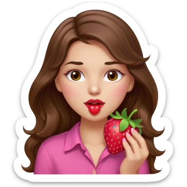girl with long wavy brown hair, brown eyes, light to medium complexion, in a pink shirt, pink lips, long lashes, sexy , puckering, blushing, eating a strawberry sexy sticker