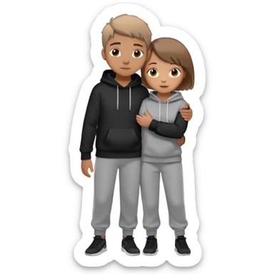 A boy with light brown skin is hugging a girl with light brown skin and short hair.They are both wearing a black hoodie and grey sweatpants sticker