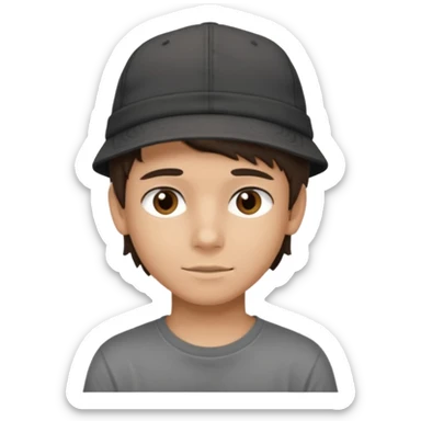Create a teen boy wearing a faded black T-shirt. He will have brunette hair, tan skin, and dark brown eyes. He is wearing a gray hat turned backwards. sticker