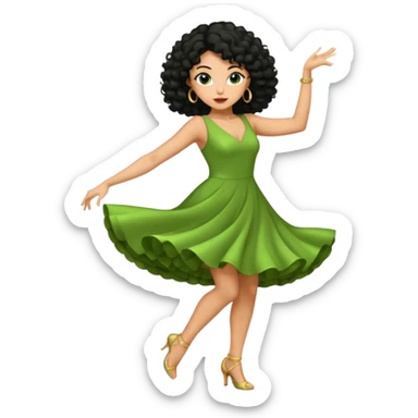 a woman with olive skin tone and curly black hair wearing green and dancing. full body, disco pose sticker