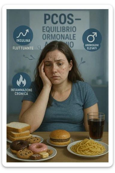 Donna tra i 25 e i 35 anni, seduta a tavola con un’espressione stanca e gonfia. Sul tavolo ci sono alimenti sbagliati per la sua condizione: dolci raffinati, pane bianco, pasta, bibite zuccherate. Intorno al suo corpo si vedono elementi simbolici che rappresentano gli effetti della PCOS peggiorata: insulina fluttuante, androgeni elevati, infiammazione bassa cronica. La sua pelle appare acneica, gonfiore addominale visibile, sguardo affaticato. Sullo sfondo, un cartello sfocato con scritto 'PCOS – equilibrio ormonale a rischio'. Stile realistico con elementi simbolici, toni freddi ma chiari sticker