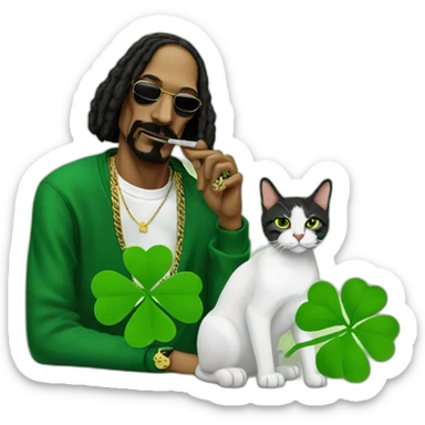Snoop Dogg smoking weed with a shamrock and a cat sticker