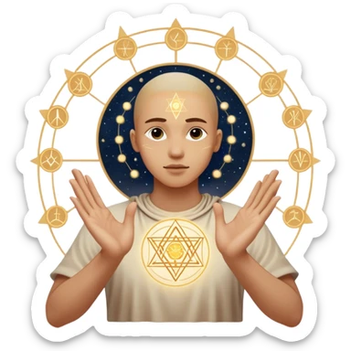 person seeing ancient symbols, sacred geometry, hands tracing constellations, energy radiating from fingertips. sticker
