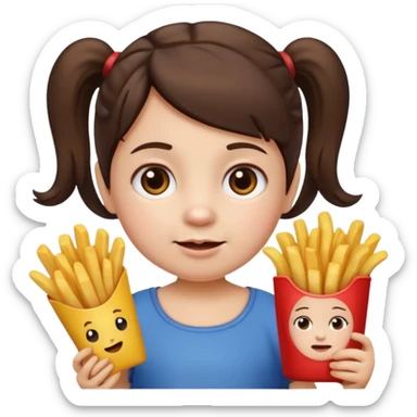 Toddler emoji with two pigtails dark brown hair, fair skin, holding French fries sticker