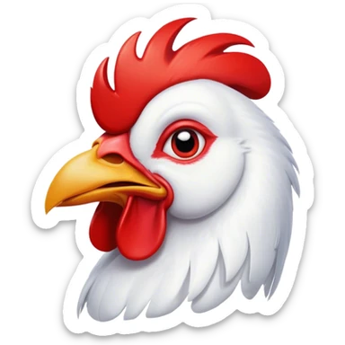 Cinematic Comical White Rooster Portrait Emoji, Head tilted dramatically with an exaggeratedly shocked or amused expression, featuring a striking pure white plumage with a bold red comb, wide, expressive eyes filled with playful disbelief, Simplified yet hilariously expressive features, highly detailed, glowing with a slightly sassy glow, high shine, dramatic yet playful, stylized with an air of cheeky mischief, bright and endearing, soft glowing outline, capturing the essence of a spirited and over-the-top rooster, so meme-worthy it feels like it could crow its way into internet fame instantly! sticker