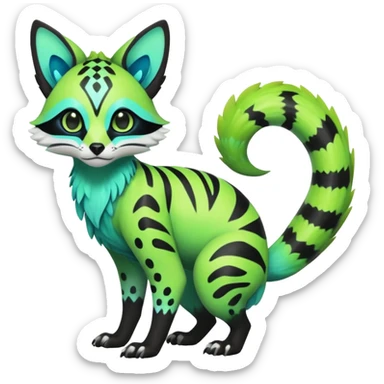 Rare realistic iridescent neon lime-green & cyan white black lush tropical exotic edgy epic pretty beautiful handsome gorgeous aesthetic colorful vibrant Vernid-Protogen-Primagen-Genet-Trico-species-Fakemon-hybrid-creature by LiLaiRa, beautiful intricate markings, full body sticker